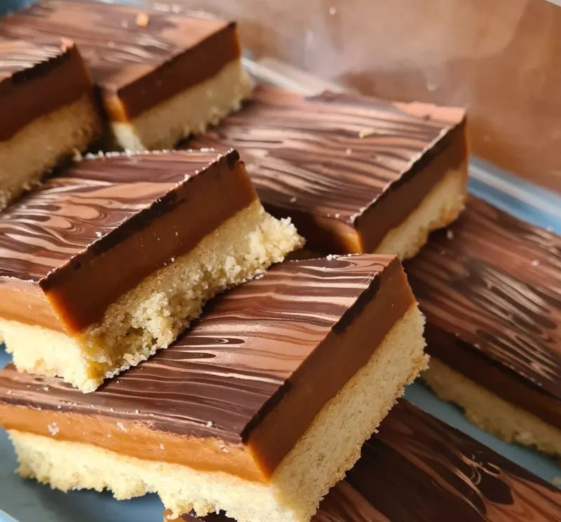 Squares of millionaire's shortbread showing the shortbread base, thick caramel and marbled chocolate top