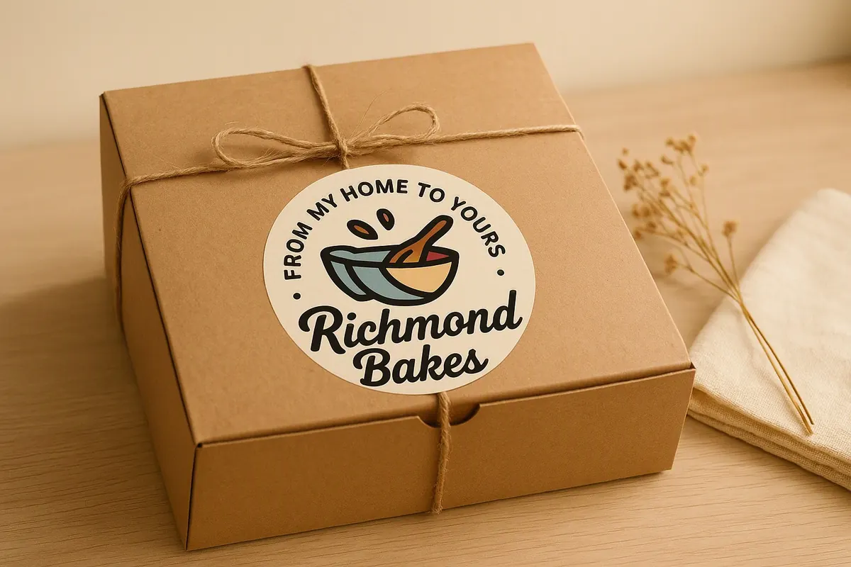 A kraft bakery box tied with twine and sealed with a round Richmond Bakes sticker