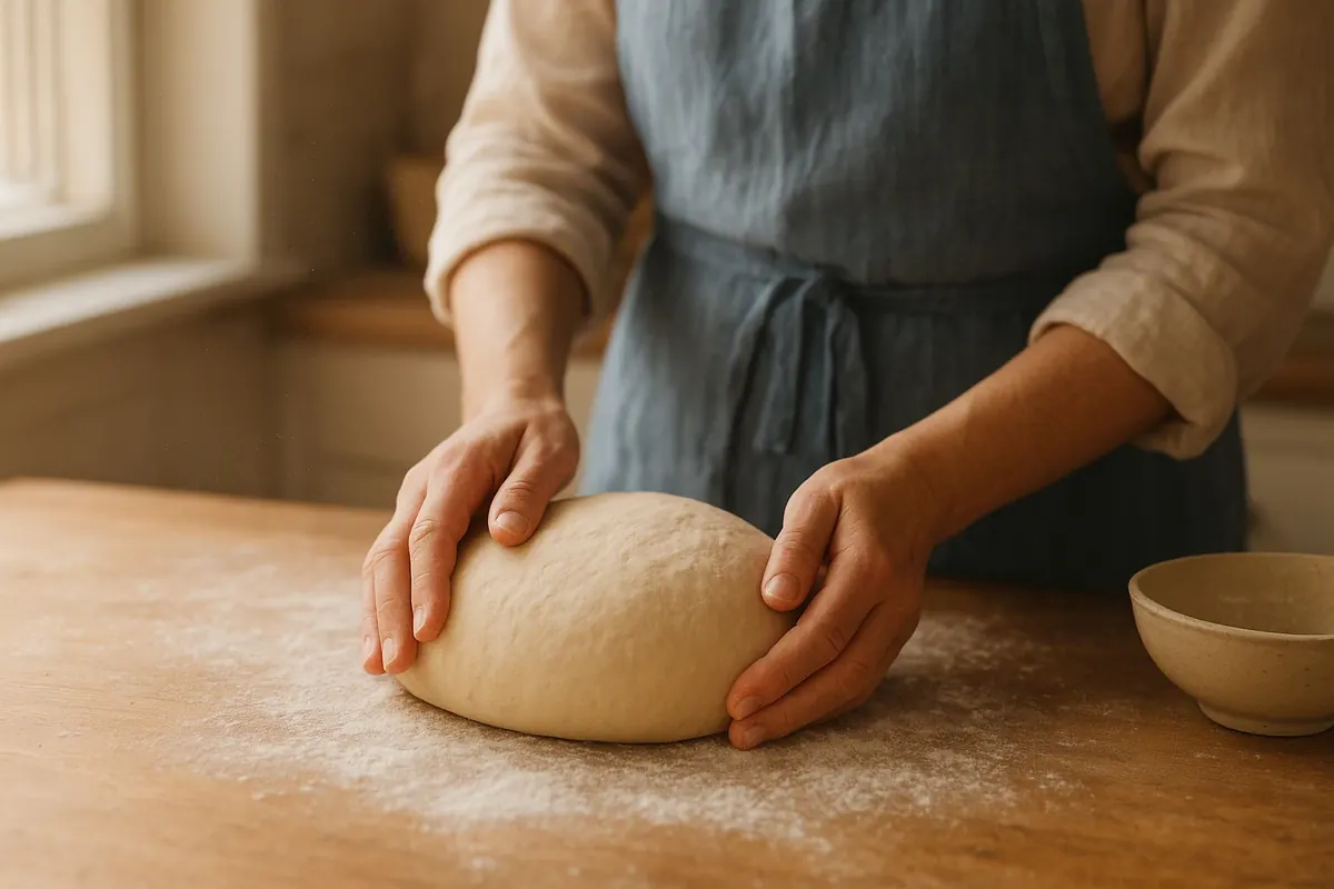 A baker in a blue linen apron shaping a round of dough on a floured wooden worktop