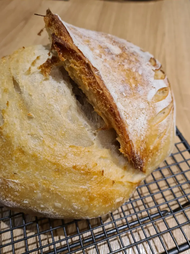 A golden sourdough loaf with a tall, crisp ear on a cooling rack