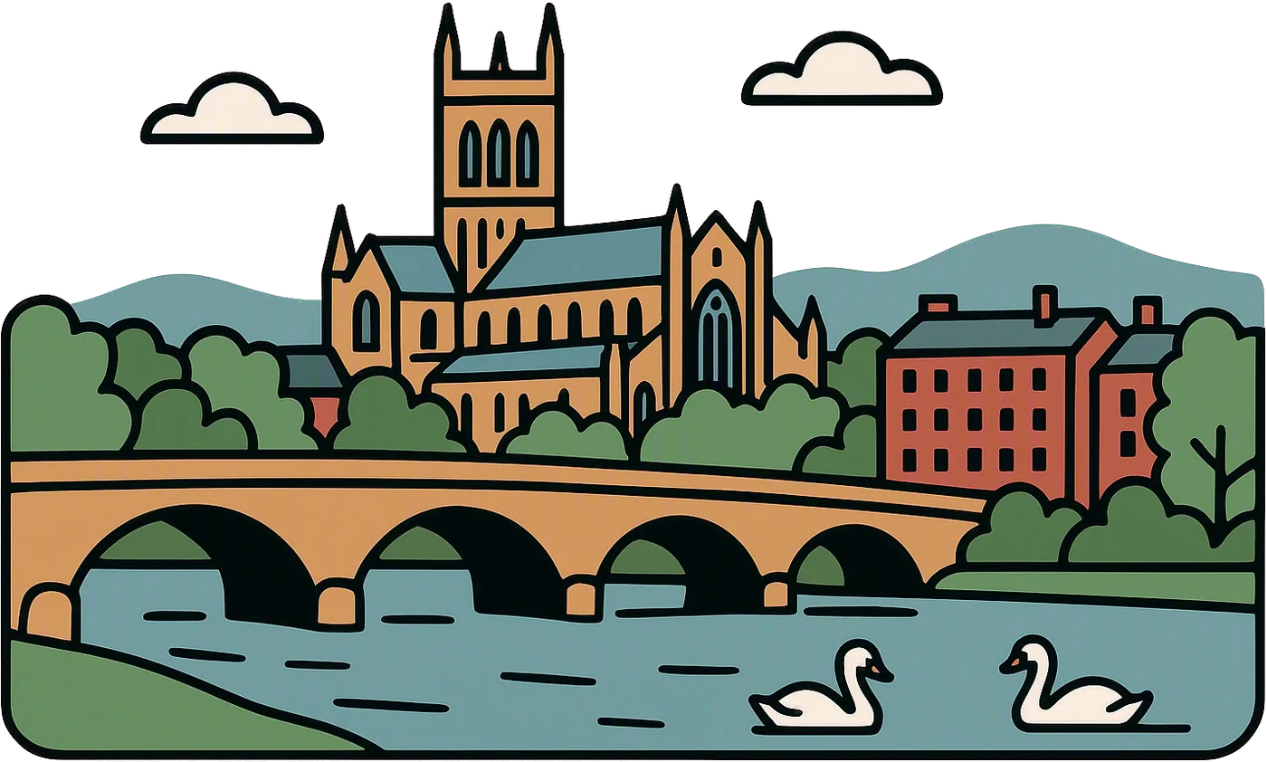 Illustration of Worcester Cathedral above the River Severn, with a stone bridge, red-brick houses and two swans